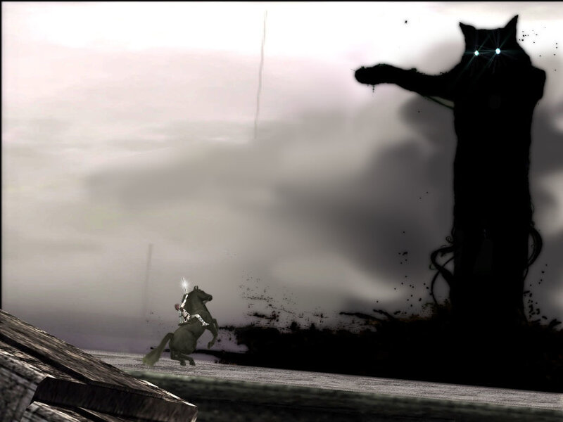 knight on horse facing giant cat