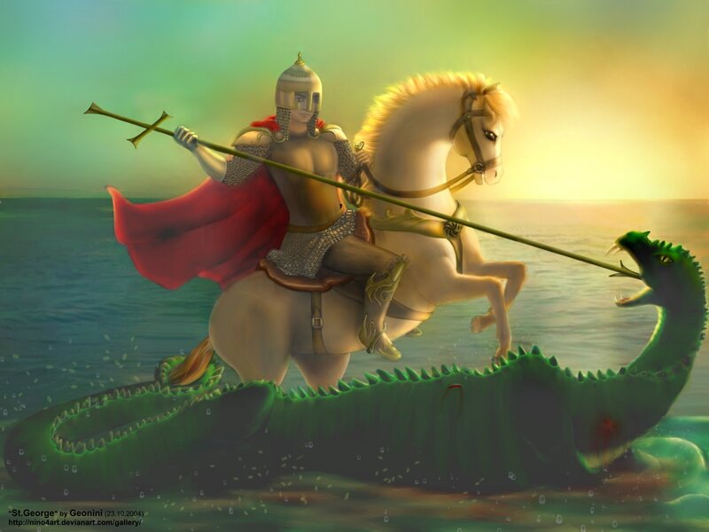 Knight on Horse Fighting Dragon