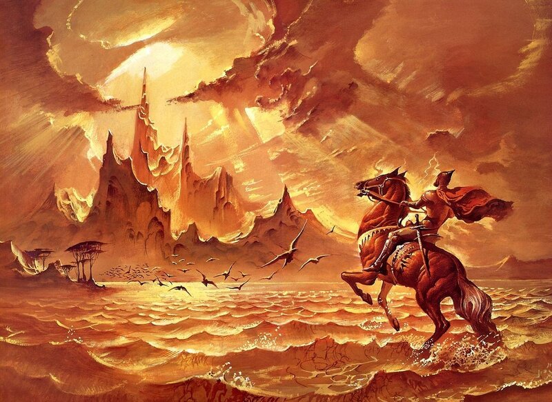 Knight on horse in fiery landscape