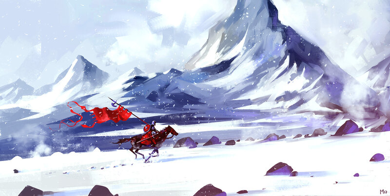 Knight on Horse in Snow — White, Dramatic