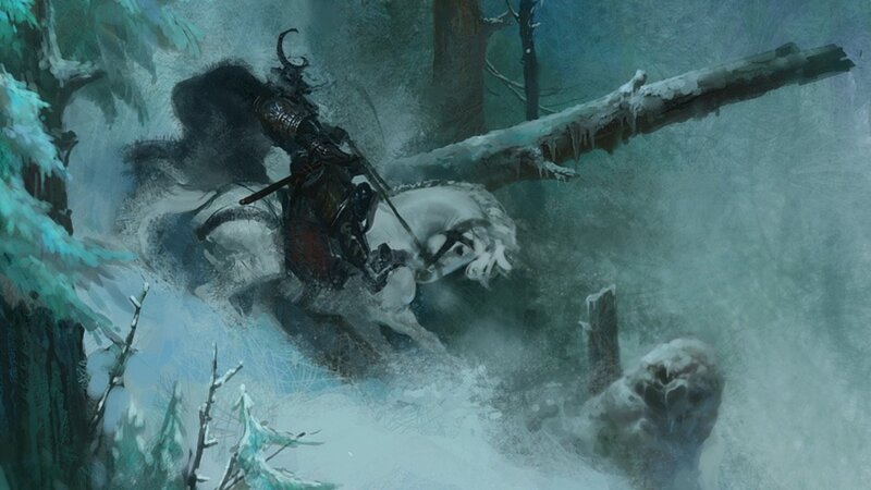 Knight on horse in snowy forest