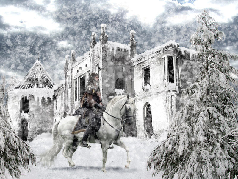 knight on horse in snowy ruins
