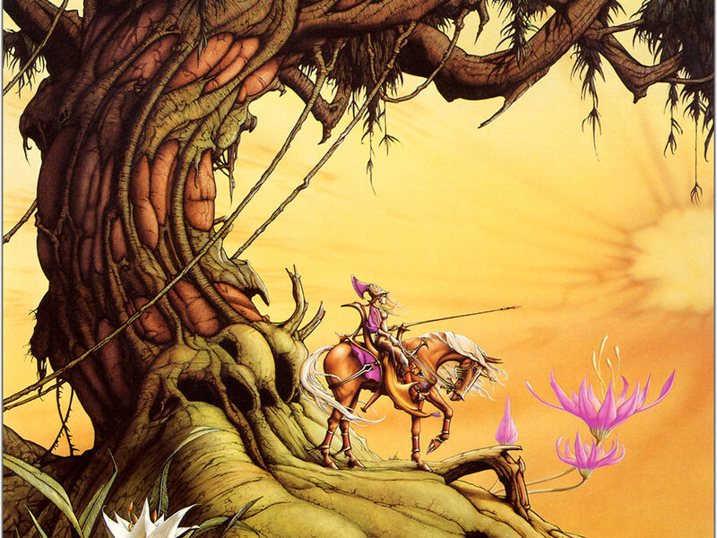 Knight on horse near ancient tree