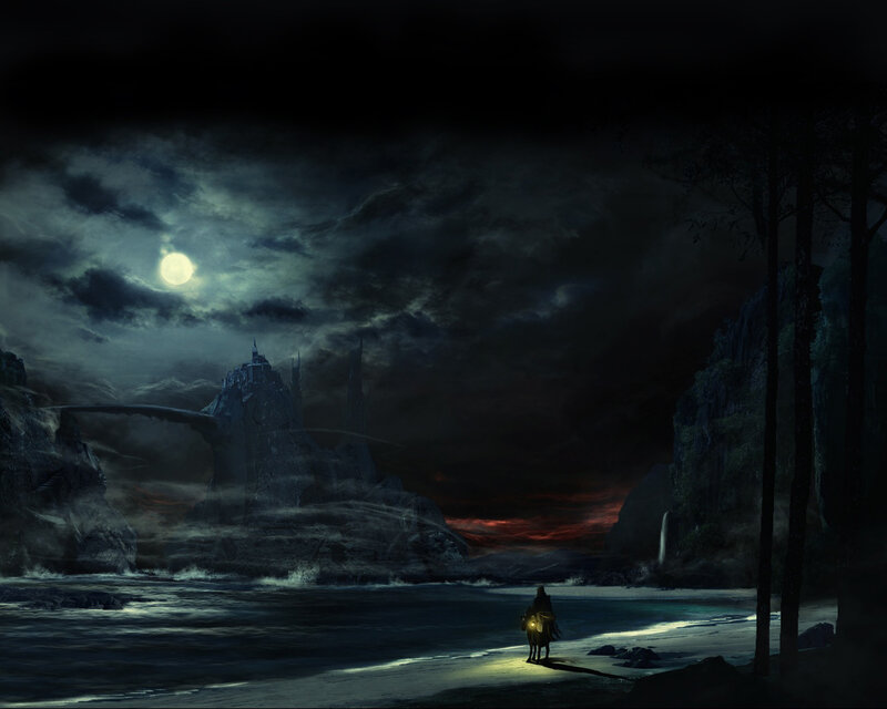 Knight on Horseback — Black, Dramatic, Night, Digital Art, Castle