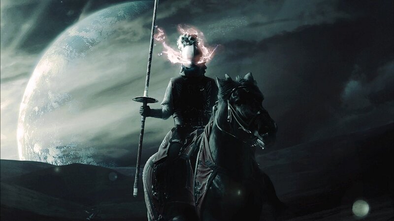 Knight on Horseback — Black, Dramatic, Night, Digital Art, Spear