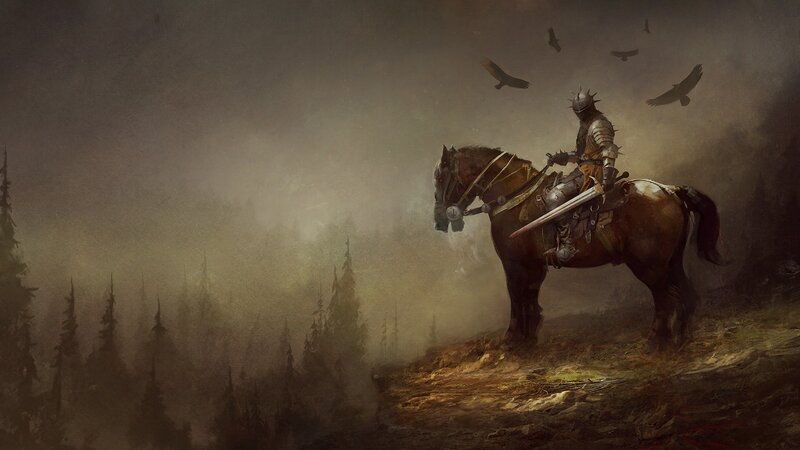 Knight on Horseback — Brown, Dramatic, Night, Digital Art