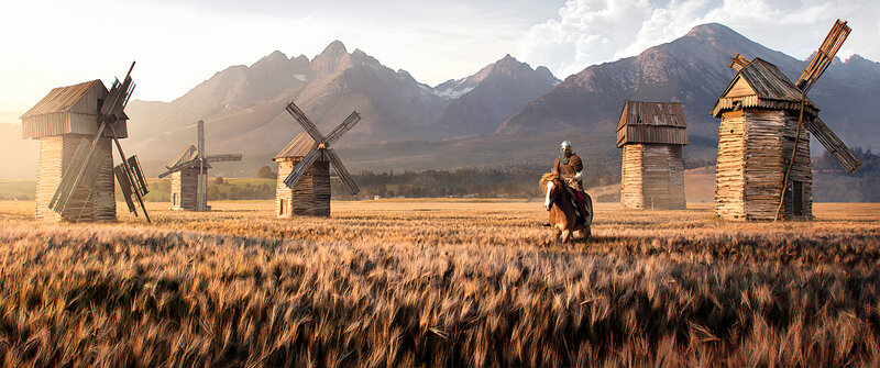 Knight on Horseback — Brown, Dramatic, Sunset, Digital Art, Windmills