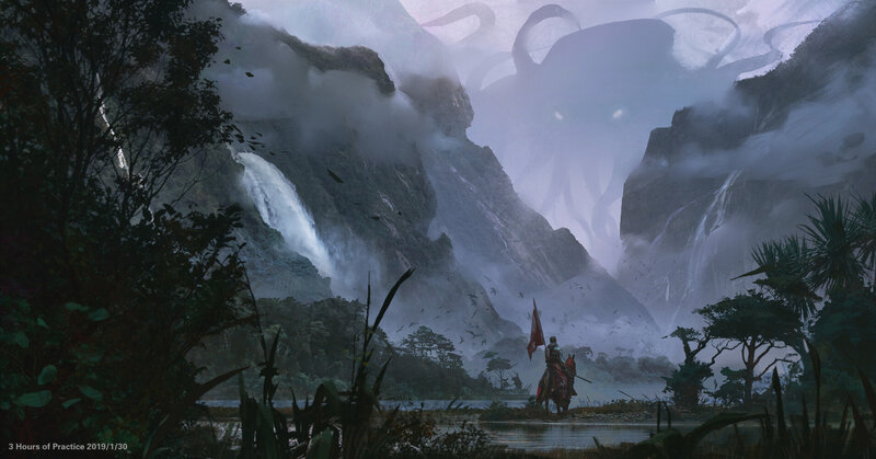 Knight on Horseback — Gray, Dramatic, Digital Art, Mountains