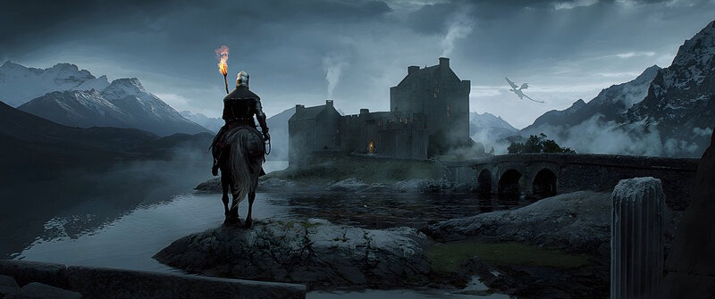 Knight on Horseback — Gray, Dramatic, Night, Digital Art, Castle