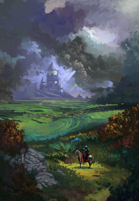 Knight on Horseback — Green, Dramatic, Afternoon, Digital Art, Castle, Horse