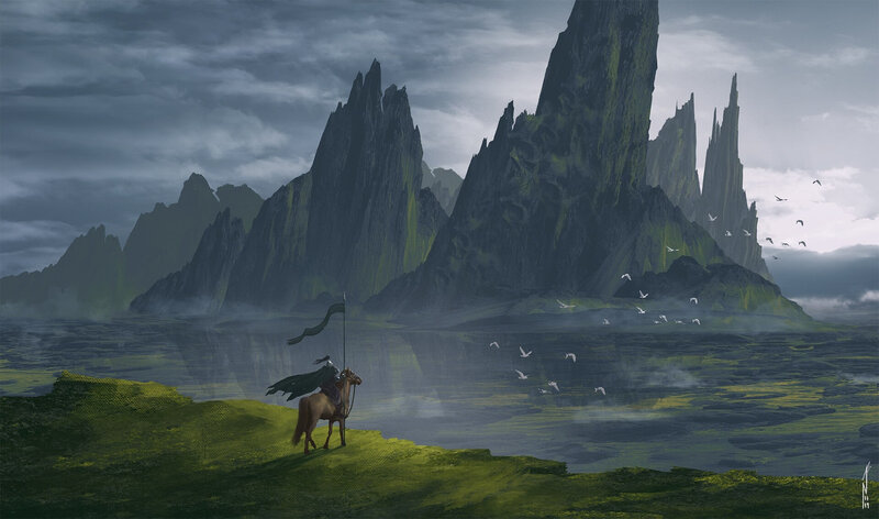 Knight on Horseback — Green, Dramatic, Digital Art, Mountains