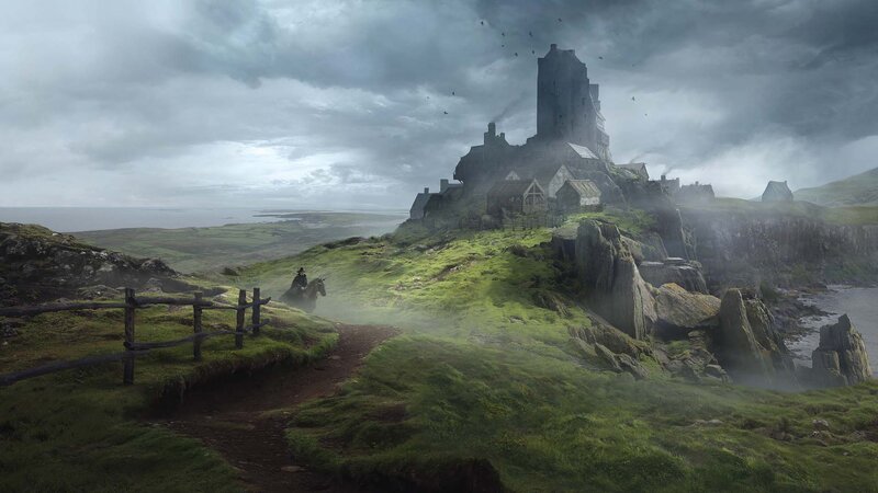 Knight on Horseback — Green, Dramatic, Morning, Digital Art