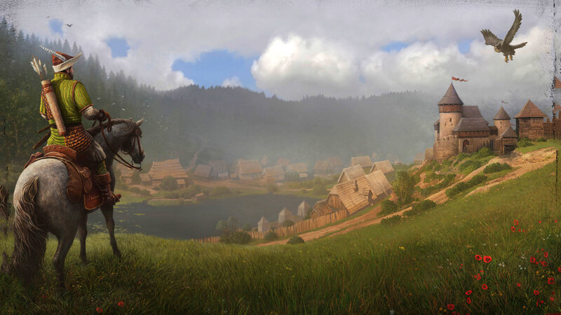 Knight on Horseback — Green, Serene, Afternoon, Digital Art, Village