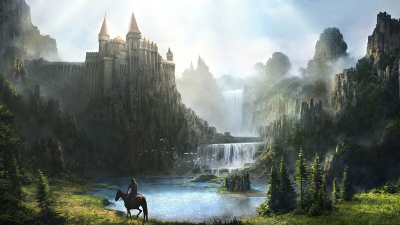 Knight on Horseback — Green, Serene, Morning, Digital Art, Castle, Waterfall, Forest