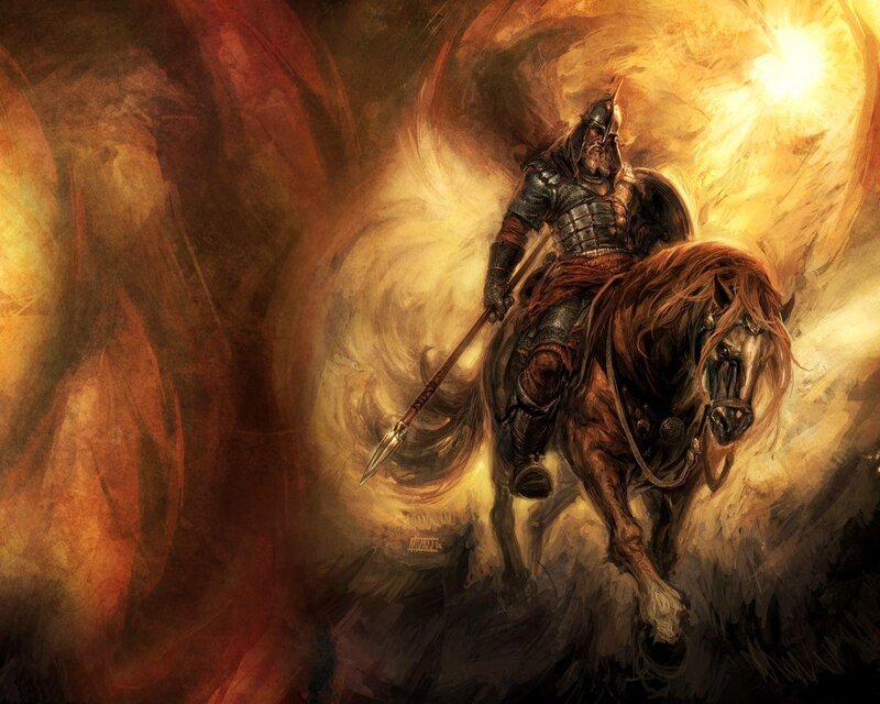 Knight on horseback in fiery light