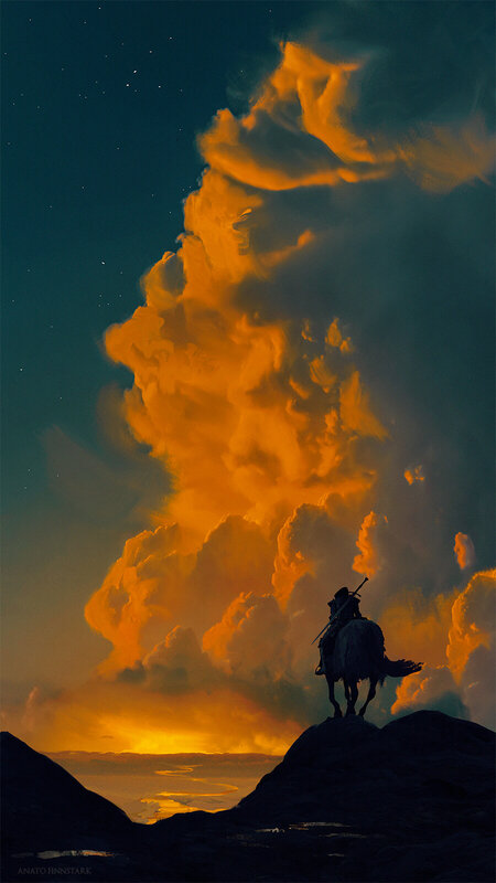Knight on Horseback — Orange, Dramatic, Night, Digital Art