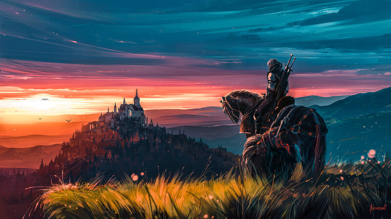 Knight on Horseback — Orange, Dramatic, Sunset, Digital Art, Castle