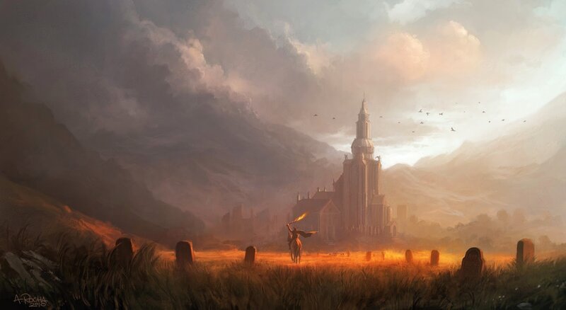 Knight on Horseback — Orange, Dramatic, Sunset, Digital Art