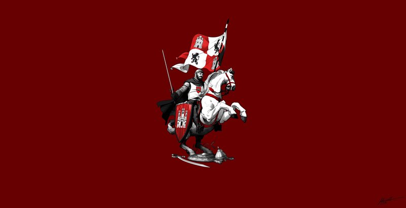 Knight on Horseback — Red, Dramatic, Digital Art, Flag