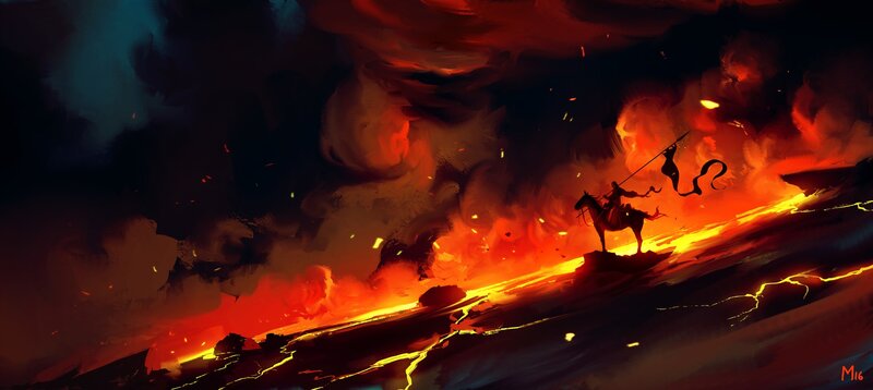 Knight on Horseback — Red, Dramatic, Digital Art