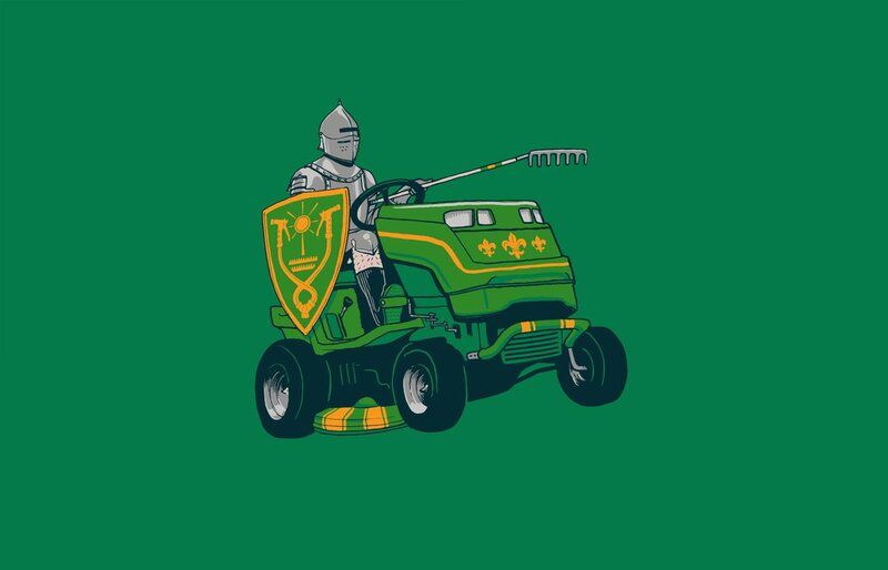 Knight on Lawnmower — Green, Humorous
