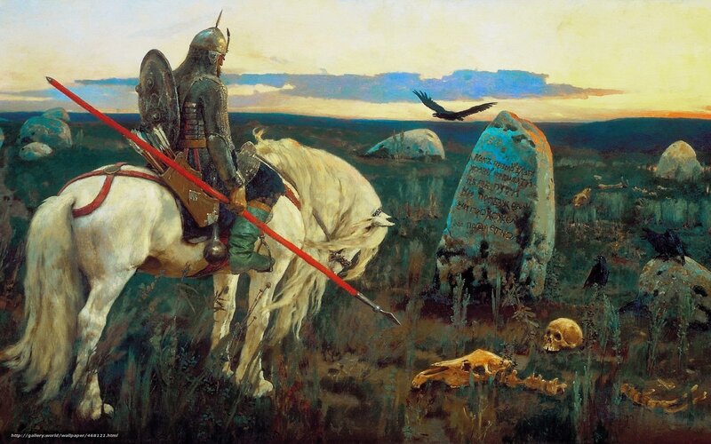 Knight on White Horse — Green, Dramatic, Sunset, Painting, Graves