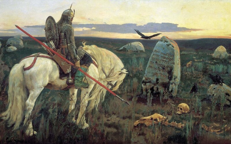 Knight on White Horse — Green, Dramatic, Sunset, Painting, Gravestones, Skulls