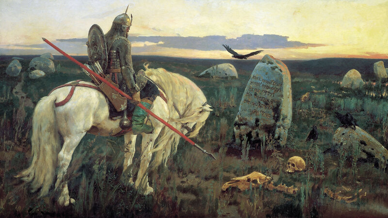 Knight on White Horse — Green, Dramatic, Sunset, Painting