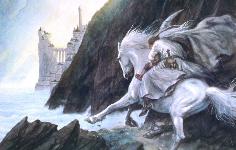 Knight on white horse near castle