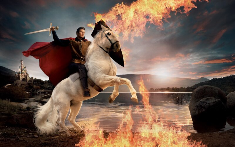 Knight on White Horse — Red, Dramatic