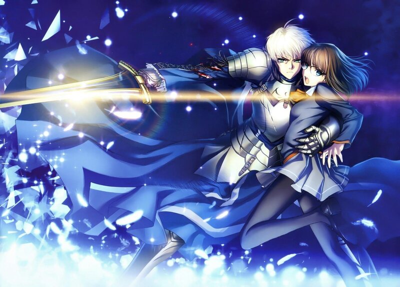 Knight protecting a girl in battle