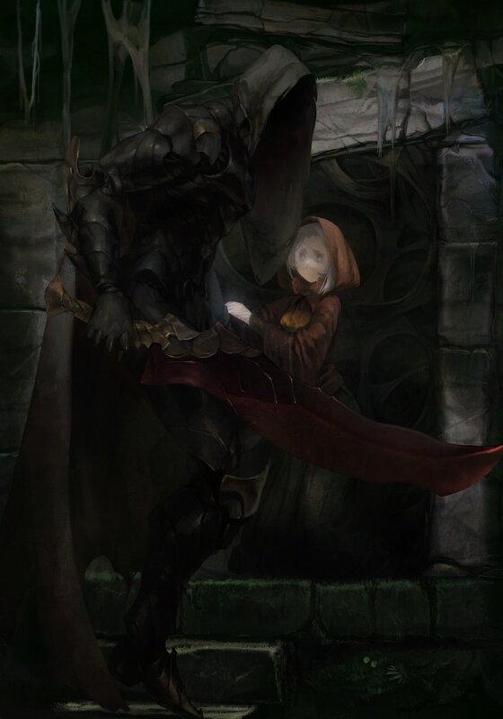 Knight protects a child in a dungeon