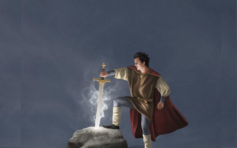 knight pulling sword from stone