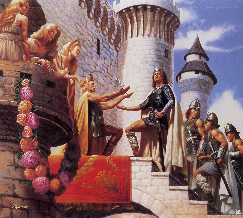 Knight receiving a sword at a castle