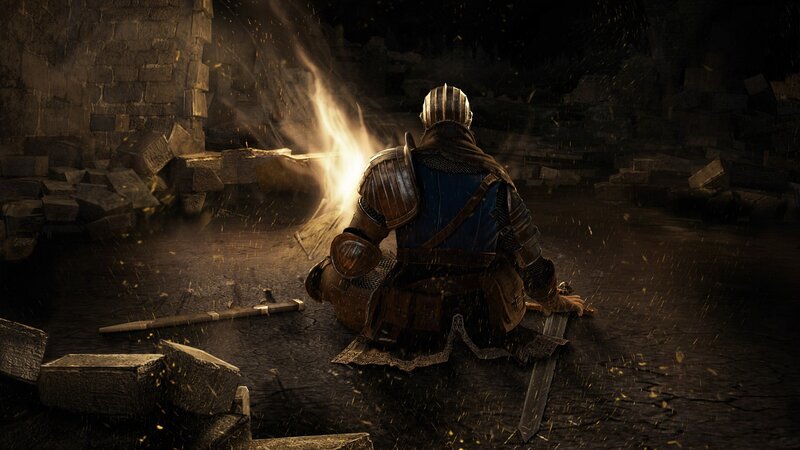 knight resting by a fire