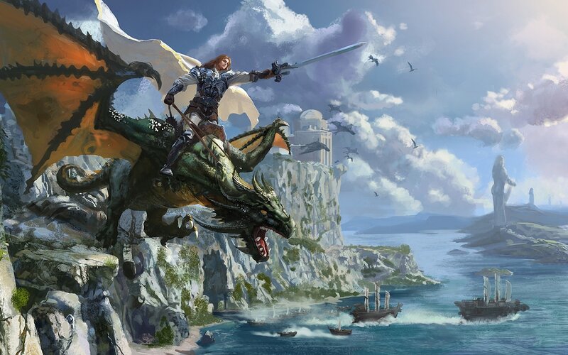 Knight Riding a Dragon — Blue, Dramatic, Afternoon