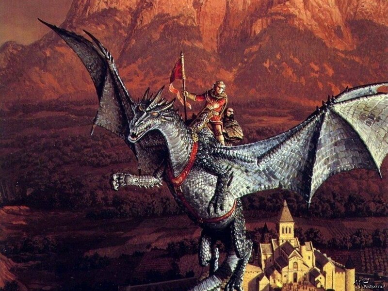 Knight Riding a Dragon — Gray, Dramatic, Sunset