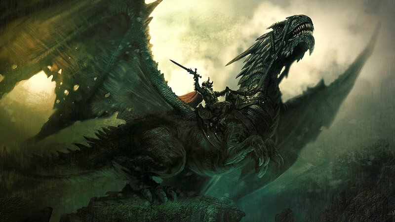 Knight Riding a Dragon — Green, Dramatic, Digital Art, Sword