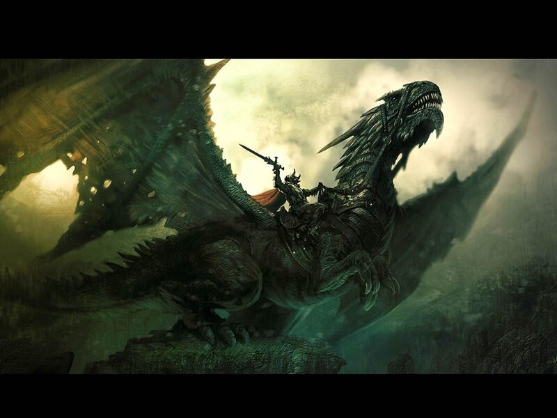 Knight Riding a Dragon — Green, Dramatic