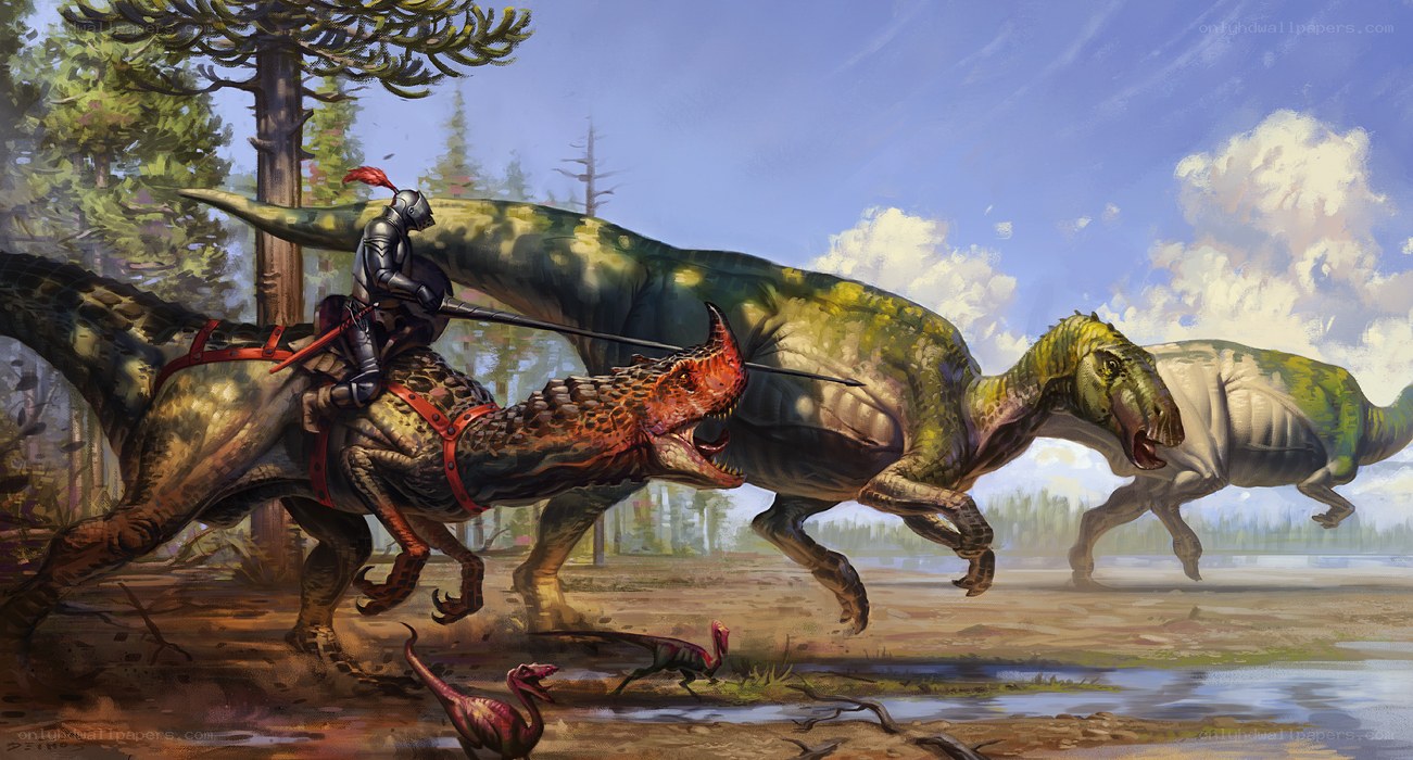 Knight riding dinosaur in battle