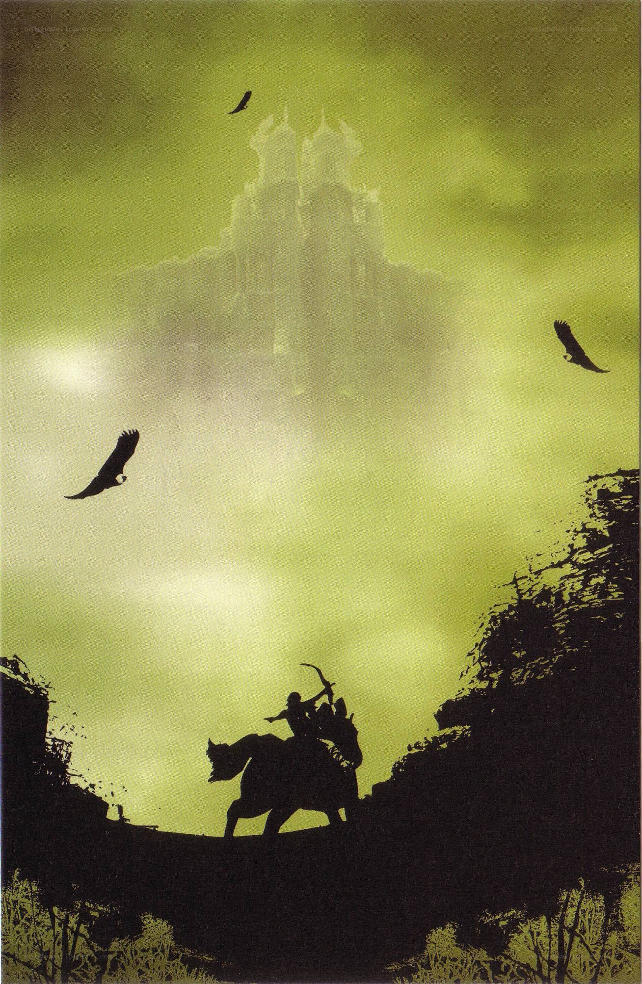 Knight silhouetted against castle
