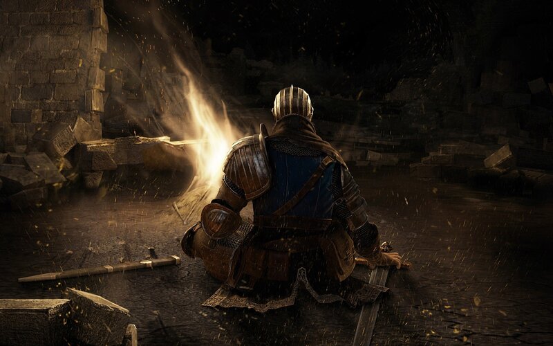 Knight Sitting by Fire — Brown, Dramatic, Night