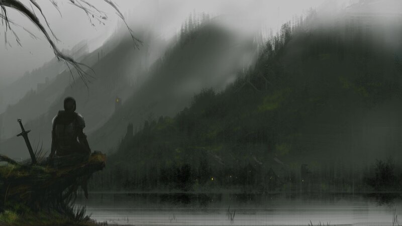 Knight Sitting by Lake — Gray