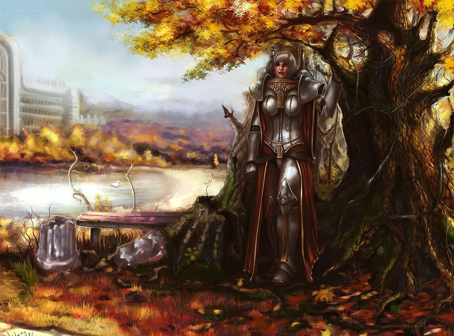 Knight under autumn tree