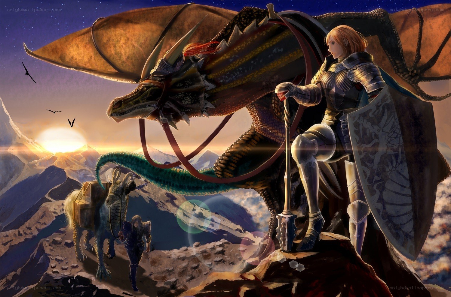 Knight with a dragon at sunset