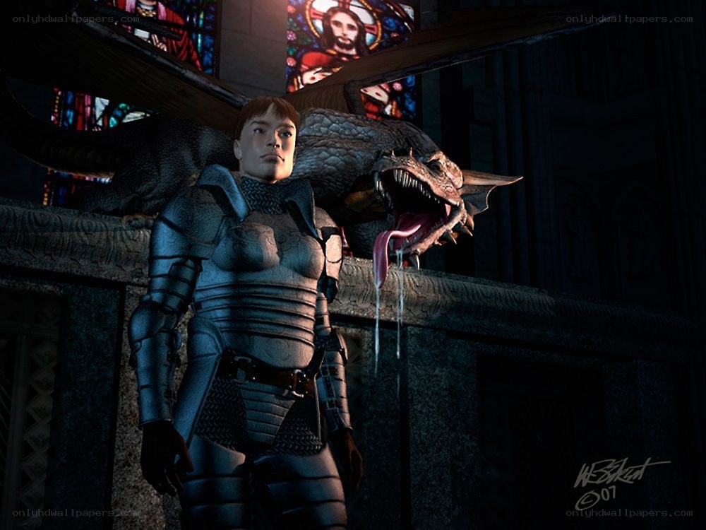 Knight with a dragon in a cathedral
