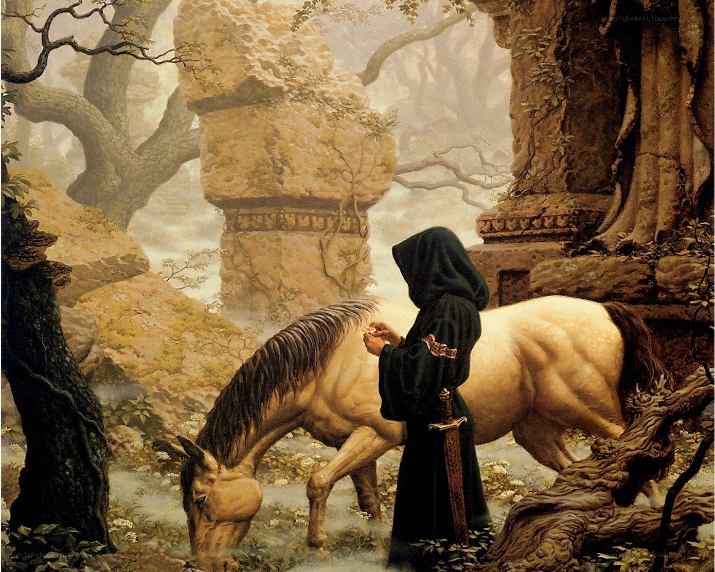 Knight with a horse in a forest