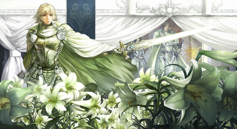 Knight with a sword in a garden