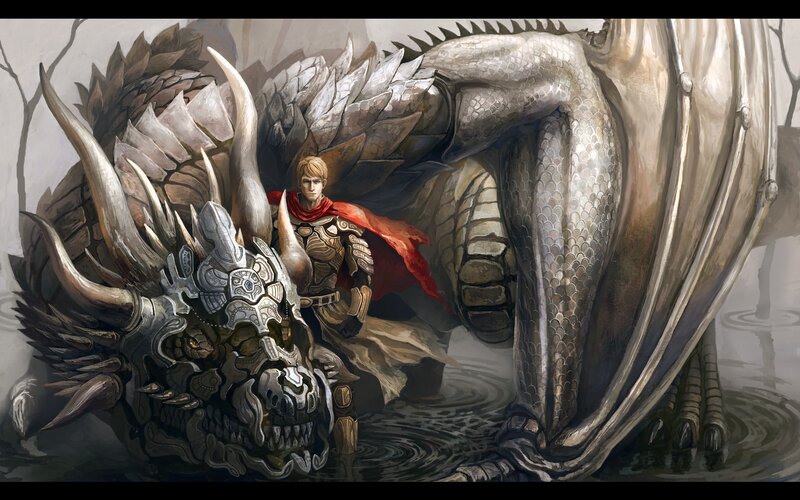 Knight with Dragon — Gray, Dramatic, Digital Art