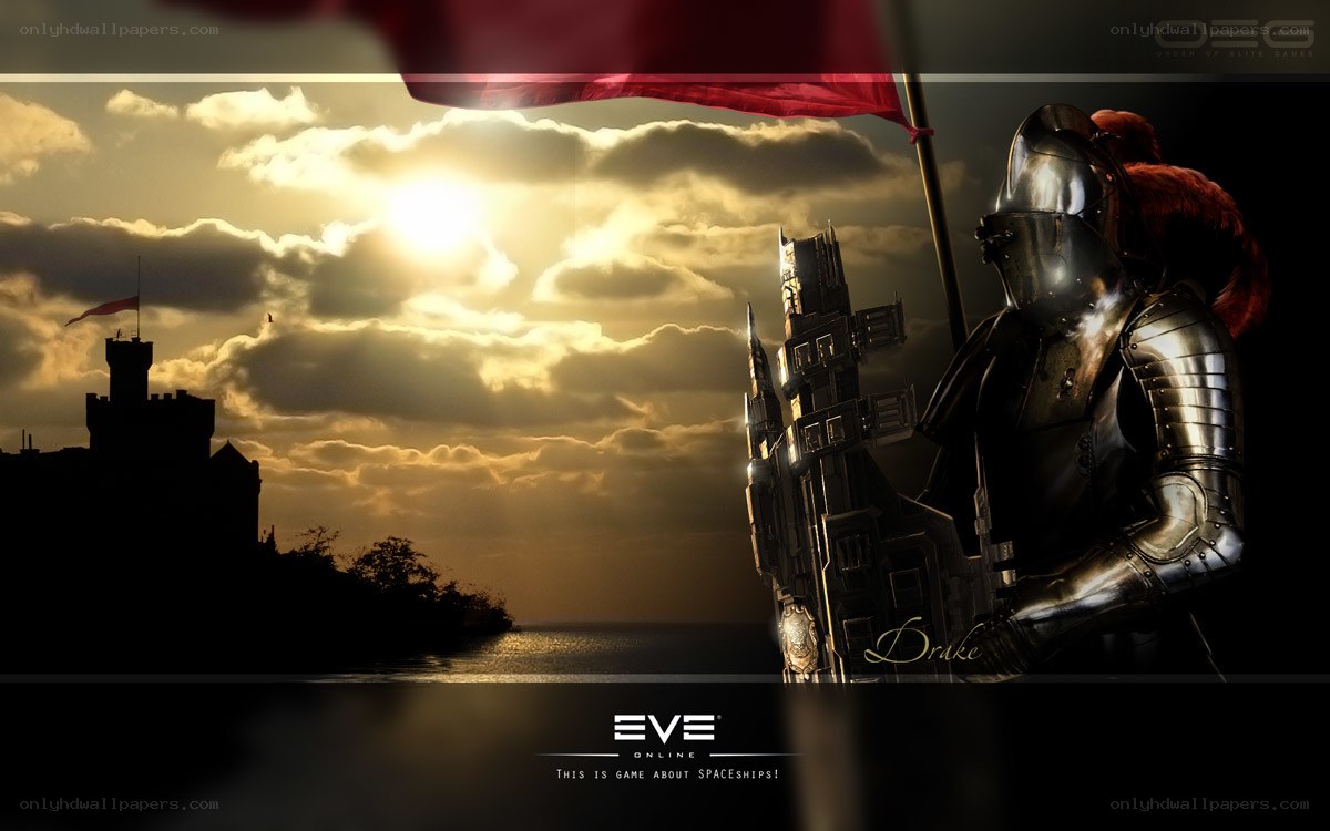 Knight with flag at sunset